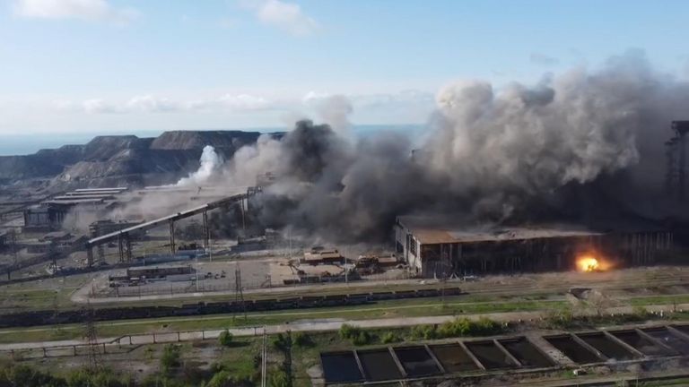Drone footage has shown the continued Russian assault on the besieged Azovstal steel plant in Mariupol. Ukrainian fighters are holed up in the plant and refusing to surrender.

