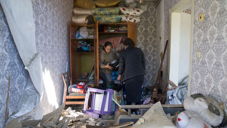 A Russian airstrike destroys apartment in Bakhmut, Donetsk region. Pic: AP