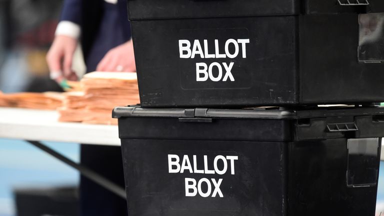 Ballot boxes are seen, as election staff members count votes for the Welsh parliament, called Senedd Cymru, and Police and Crime Commissioners Elections at a counting centre in Cardiff, Wales, Britain, May 7, 2021. REUTERS/Rebecca Naden