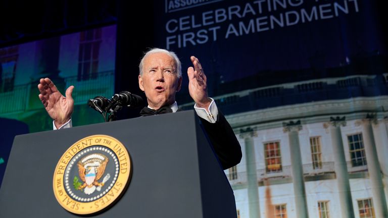President Joe Biden speaks at the annual White House Correspondents&#39; Association dinner, Saturday, April 30, 2022, in Washington. (AP Photo/Patrick Semansky)