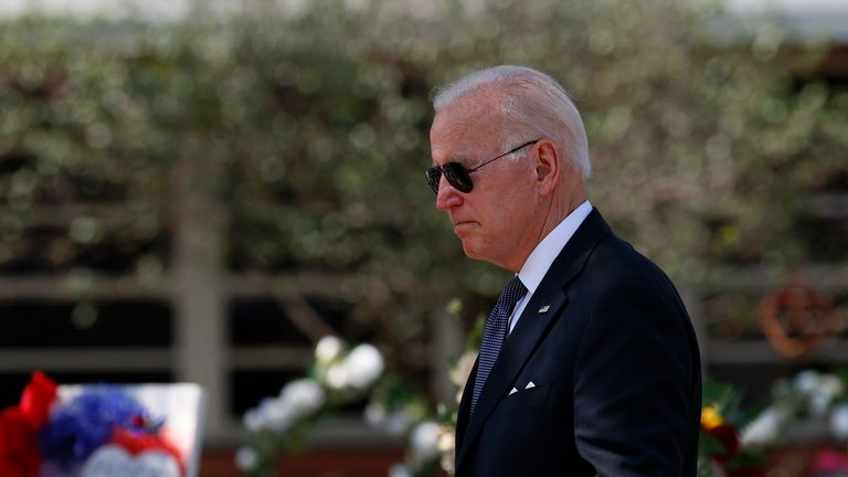 President Joe Biden arrives at Robb Elementary School to honor the victims killed in this week&#39;s school shooting, Sunday, May 29, 2022, in Uvalde, Texas. (Aaron M. Sprecher via AP)