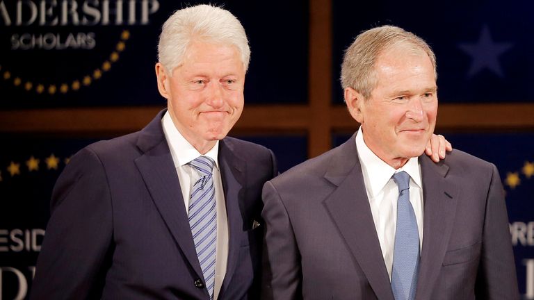 Former U.S. Presidents Clinton and Bush participate in a moderated conversation at the graduation class of the Presidential Leadership Scholars program at the George W. Bush Presidential Library in Dallas