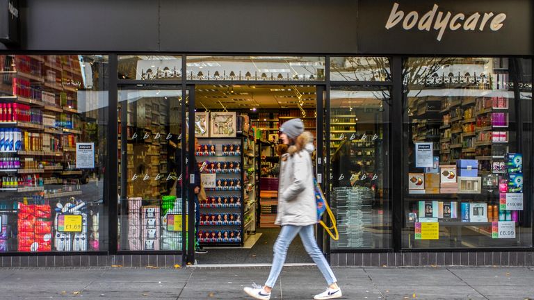 People passing BODYCARE Shop in Chapel Street, Central Business District of Southport, Merseyside, UK
14 November 2019