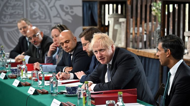 (Second left-right) Education Secretary Nadhim Zahawi, International Trade Secretary Anne-Marie Trevelyan, Health Secretary Sajid Javid, Cabinet Secretary Simon Case, Prime Minister Boris Johnson and Chancellor of the Exchequer Rishi Sunak during a regional cabinet meeting at Middleport Pottery in Stoke on Trent. Picture date: Thursday May 12, 2022.
