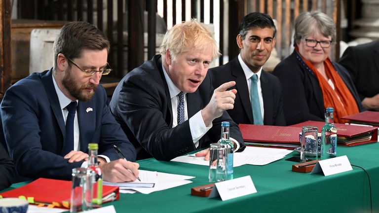 (Left-right) Cabinet Secretary Simon Case, Prime Minister Boris Johnson, Chancellor of the Exchequer Rishi Sunak and Work and Pensions Secretary Therese Coffey during a regional cabinet meeting at Middleport Pottery in Stoke on Trent. Picture date: Thursday May 12, 2022.
