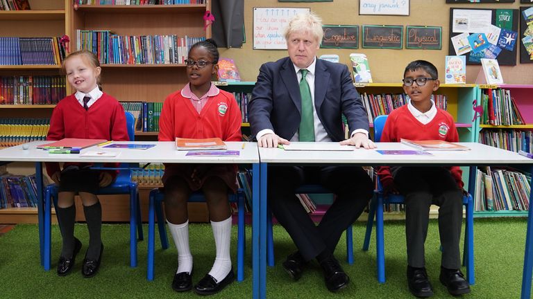 Prime Minister Boris Johnson during a visit to St Mary Cray Primary Academy, in Orpington, to see how they are delivering tutoring to help children catch up following the pandemic. Picture date: Monday May 23, 2022.
