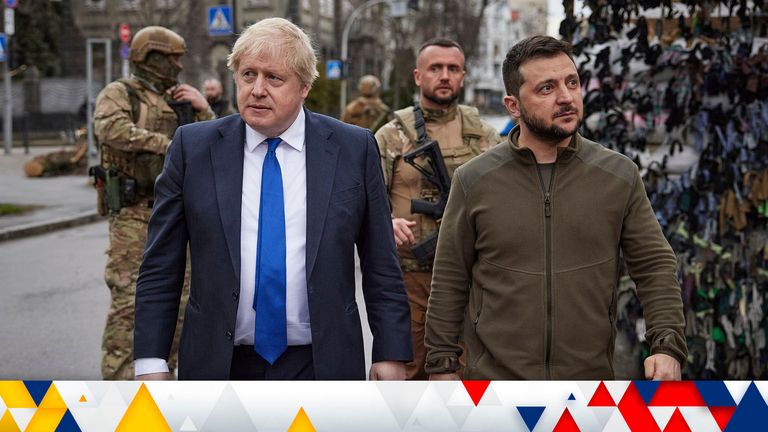 Boris Johnson, left, met with Volodymyr Zelenskyy, right, in Kyiv last month. Pic:The Presidential Office of Ukraine/AP