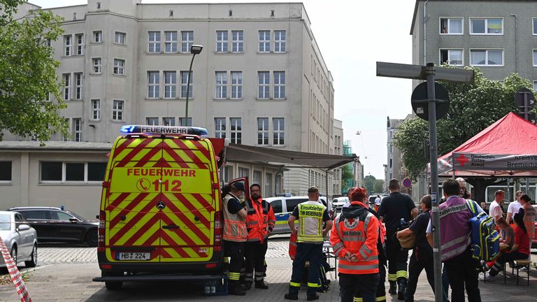 Emergency forces stand near a school in Bremerhaven, Germany, Thursday, May 19, 2022. German police say they have detained a suspect in connection with an attack at a high school in the northern city of Bremerhaven in which one person was injured. Police said the incident happened Thursday morning at the Lloyd high school in the center of the city. (Sina Schuldt/dpa via AP)
PIC:AP

