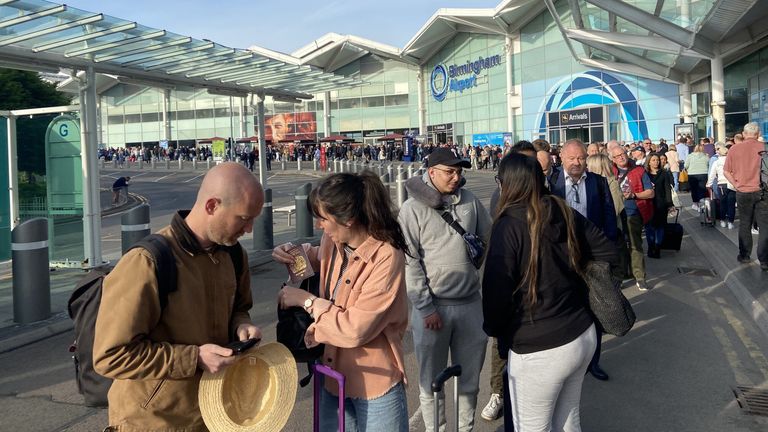 Picture taken with permission from the twitter feed of @BobBlack1964 of queues outside Brmingham Airport as thousands of passengers flying from airport were forced to wait in long queues outside for several hours as the aviation sector continues to suffer from staff shortages. Picture date: Monday May 9, 2022.
