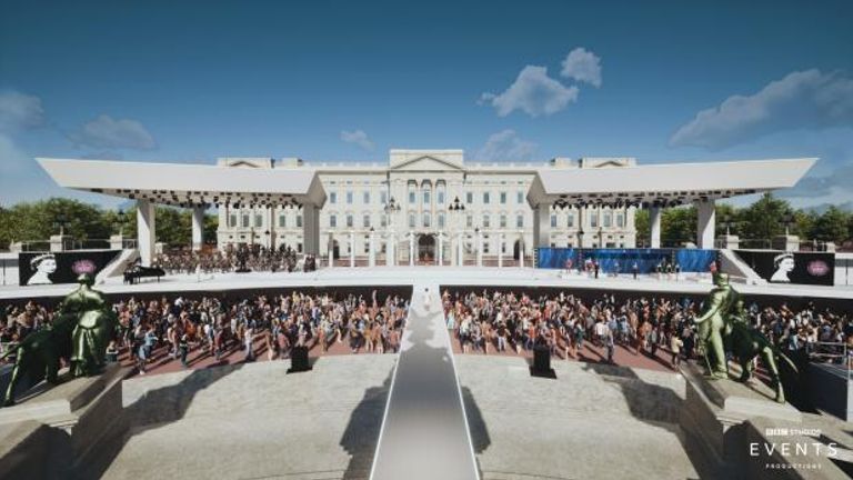 For use in UK, Ireland or Benelux countries only Undated BBC handout artist impression of the stage outside Buckingham Palace for the Platinum Party at the Palace which will be shown live on BBC One as part of the Queen&#39;s Platinum Jubilee celebration. Issue date: Thursday May 5, 2022. ... Platinum Jubilee ... 05-05-2022 ... London ... UK ... Photo credit should read: BBC/PA Media. Unique Reference No. 66743875 ... See PA story ROYAL Jubilee. Photo credit should read: BBC/PA Wire NOTE TO EDITORS: