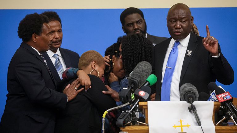 A family member of shooting victim Ruth Whitfield broke down in tears during a press conference led by lawyer Benjamin Crump.