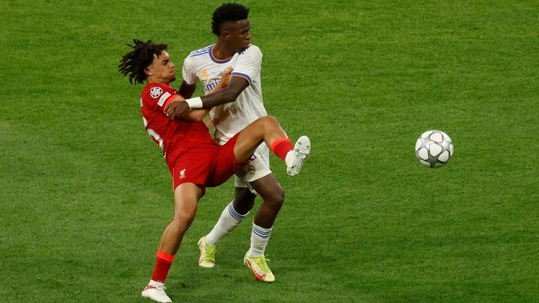 Champions League Final - Liverpool v Real Madrid
Soccer Football - Champions League Final - Liverpool v Real Madrid - Stade de France, Saint-Denis near Paris, France - May 28, 2022 Real Madrid&#39;s Vinicius Junior in action with Liverpool&#39;s Trent Alexander-Arnold REUTERS/Gonzalo Fuentes