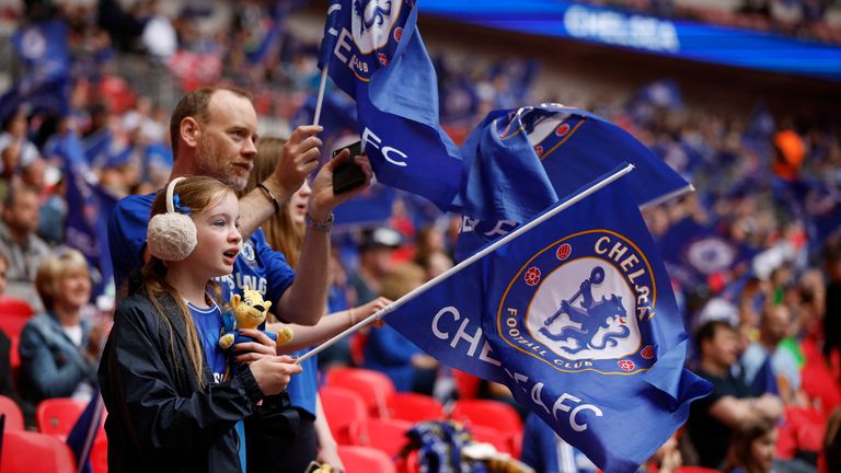 Soccer Football - Women&#39;s FA Cup Final - Chelsea v Manchester City - Wembley Stadium, London, Britain - May 15, 2022 Chelsea fans with flags inside the stadium before the match Action Images via Reuters/John Sibley
