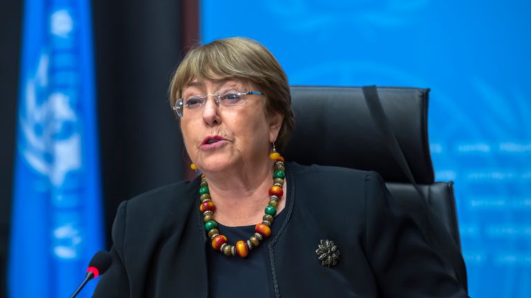 FOR USE WITH STORY CHINA UNITED NATIONS HUMAN RIGHTS FILE - Michelle Bachelet, UN High Commissioner for Human Rights, speaks during a press conference at the European headquarters of the United Nations in Geneva, Switzerland, Wednesday, Dec. 9, 2020. Allegations of human rights abuses in China...s northwestern Xinjiang region are the dominant issue on a visit by the United Nations... top rights official that starts Monday, May 23, 2022.(Martial Trezzini/Keystone via AP, file)