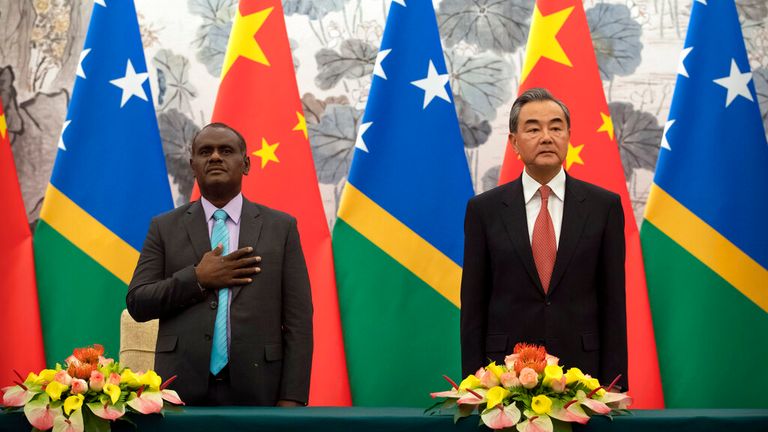 Foreign ministers of the Solomon Islands (left) Jeremiah Manele and China Wang Yi. Pic: AP