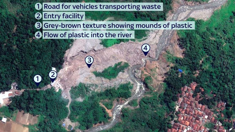 The team look for typical characteristics to identify plastic waste sites. The houses provide a sense of scale. Pic: Maxar Technologies/Earthrise Media