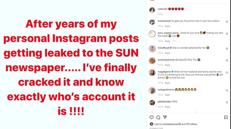 Undated handout screen grab issued by Kingsley Napley of one of two posts from Coleen Rooney's private instagram made on the day of her viral public post accusing 