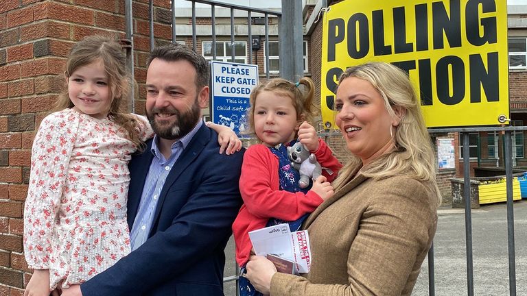 Mr Eastwood with his wife Rachael and children, Rosa, six, and Maya, four, in his Foyle constituency. Pic: PA
