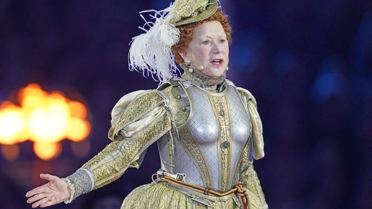 Dame Helen Mirren dressed as Queen Elizabeth I performs during the A Gallop Through History Platinum Jubilee celebration at the Royal Windsor Horse Show at Windsor Castle