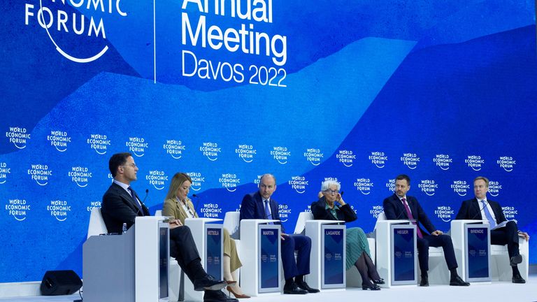 Dutch Prime Minister Mark Rutte, President of the European Parliament Roberta Metsola, Ireland's Prime Minister Micheal Martin, President of the European Central Bank Christine Lagarde, Slovakian Prime Minister Eduard Heger took part in a panel discussion in Davos