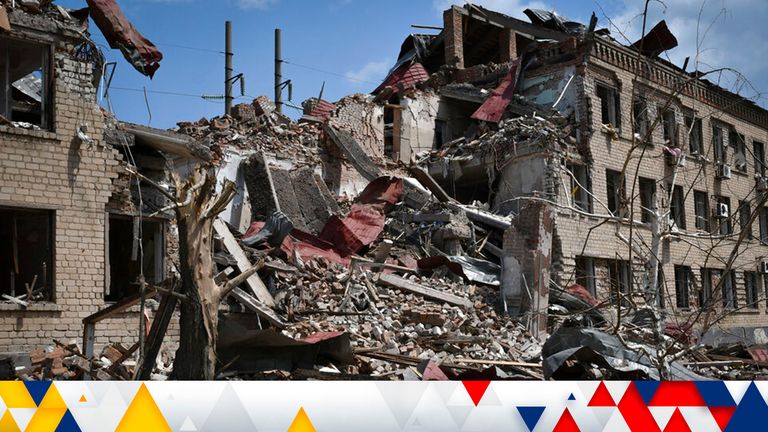 Destroyed houses in Soledar, Donetsk. Pic: AP