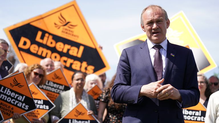 Liberal Democrat leader Ed Davey visiting Wimbledon Common, south west London to celebrate the party&#39;s gains in the 2022 local elections.