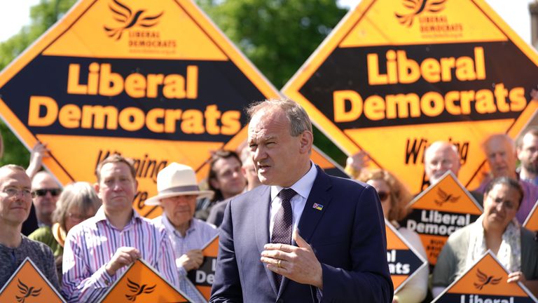 Liberal Democrat leader Ed Davey visiting Wimbledon Common, south west London to celebrate the party&#39;s gains in the 2022 local elections.

