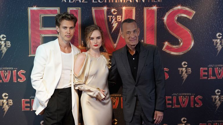 Austin Butler, Olivia DeJonge and Tom Hanks arriving for a special screening of Elvis at BFI Southbank, London. Picture date: Tuesday May 31, 2022.


