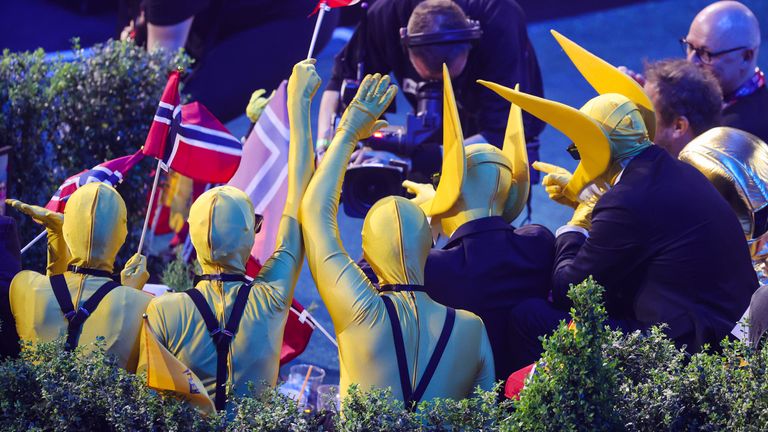 The team around the band Subwoolfer from Norway during the scoring in the final of the Eurovision Song Contest