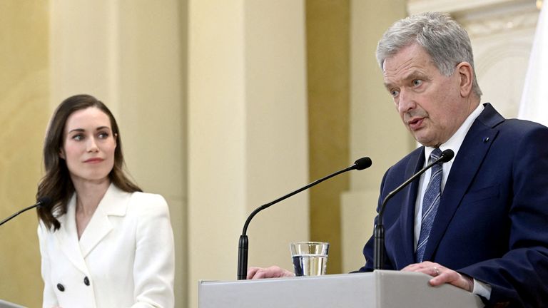 Finnish Prime Minister Sanna Marin and Finnish President Sauli Niinisto attend a joint press conference on Finnish security policy decisions at the Presidential Palace in Helsinki