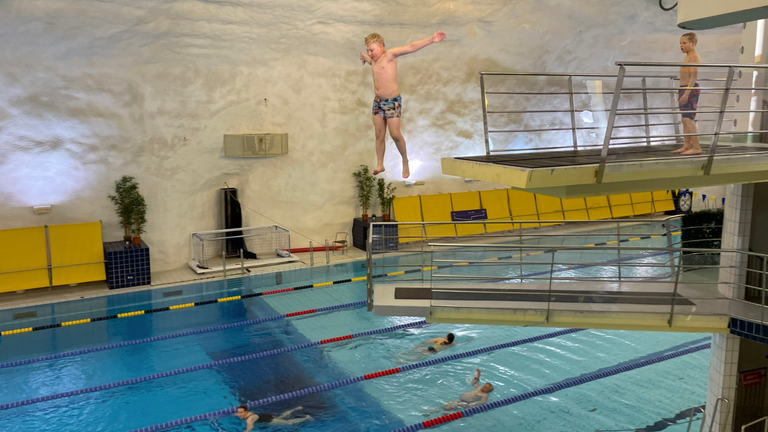 In less than a day, the swimming pool can be drained of water and reconfigured to be a bomb shelter