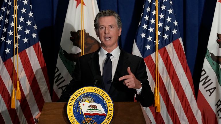 California Gov. Gavin Newsom outlines his 2022-2023 state budget revision during a news conference i in Sacramento, Calif., Friday, May 13, 2022. California is expected have a record surplus. (AP Photo/Rich Pedroncelli) 