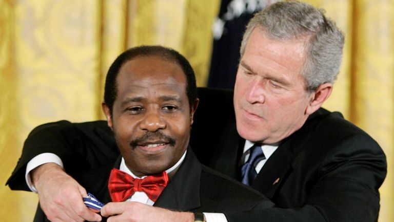 US President Bush presents the Presidential Medal of Freedom to Rusesabagina in Washington