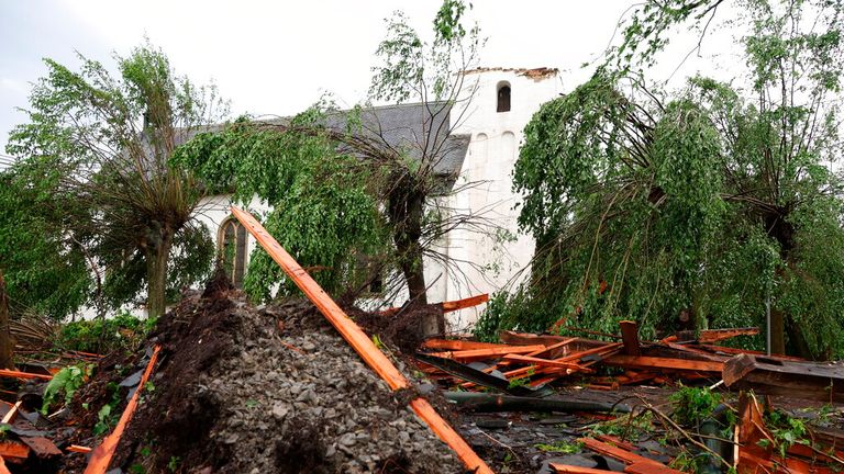 The spire of a church in Hellinghausen near Lippstadt, was destroyed. Pic: AP