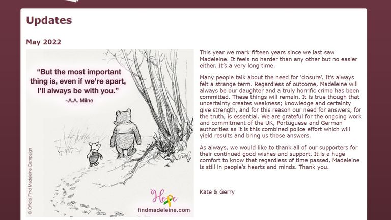 Gerry and Kate McCann mark 15 years since Madeleine&#39;s disappearance with poignant AA Milne and Winnie The Pooh Quote and new statement. Pic: Official Find Madeleine Campaign