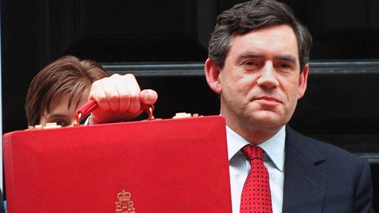 PA composite image showing Chancellor Gordon Brown holding aloft the Budget Box on his first budget on 02/07/1997 (left) and Mr Brown holding the red box today.