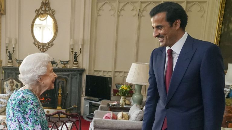 Queen Elizabeth II meets with the Emir of Qatar, Sheikh Tamim bin Hamad Al Thani at Windsor Castle, Berkshire. Picture date: Tuesday May 24, 2022.

