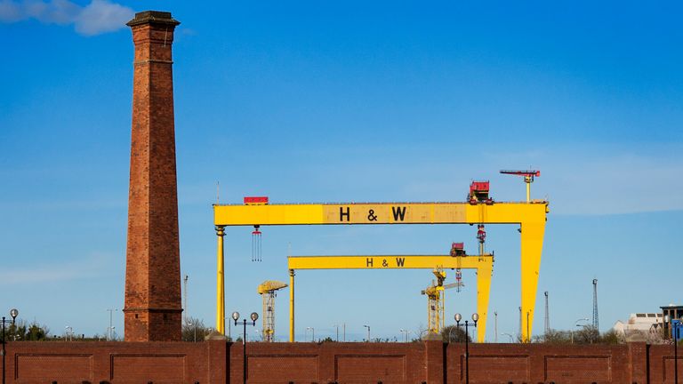 Sampson and Goliath, the famous landmarks of Harland and Wolff shipyard, Belfast, Northern Ireland, UK.  The Samson and Goliath gantry cranes have become city landmarks. Harland & Wolff is now a leading offshore fabrication and ship repair yard like the built of Titanic in 1912. 