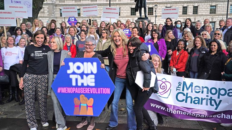 (left to right) Dr Louise Newson, Mariella Frostrup, MP Carolyn Harris, Penny Lancaster and Davina McCall with protesters outside the Houses of Parliament in London demonstrating against ongoing prescription charges for HRT (Hormone replacement therapy). Picture date: Friday October 29, 2021.