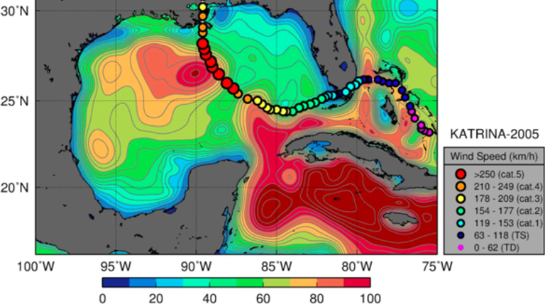 Traces of Hurricane Katrina covering TCHP conditions in the Gulf of Mexico in 2005. Photo: NOAA