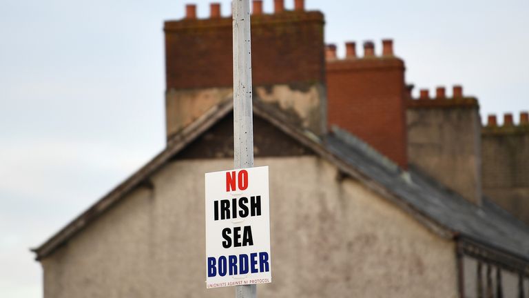 A sign reading &#39;No Irish Sea border&#39; 