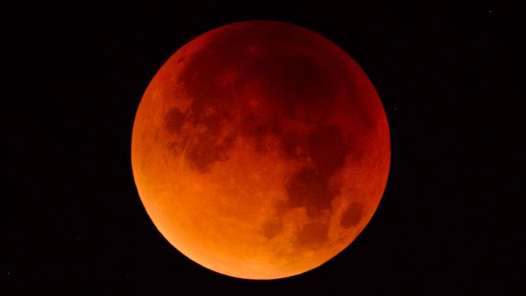 Full lunar eclipse taken from Western Europe on September 28, 2015. A lunar eclipse (also known as a blood moon) occurs when the sun, Earth and moon are aligned and the Moon passes directly behind the Earth into its umbra (shadow).