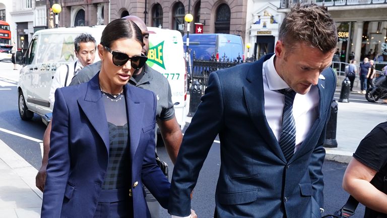 Rebekah and Jamie Vardy leaving the Royal Courts Of Justice, London, as the high-profile libel battle between Rebekah Vardy and Coleen Rooney continues. Picture date: Tuesday May 17, 2022.
