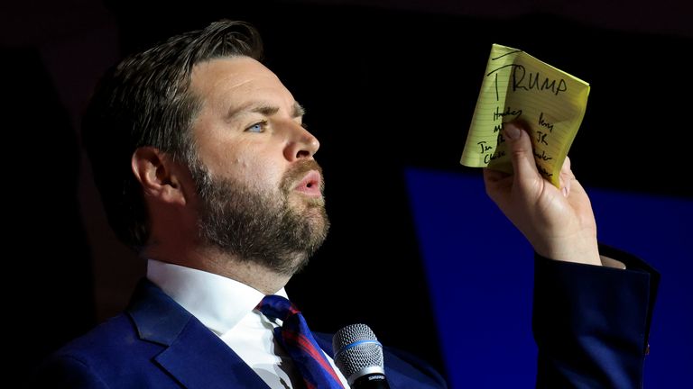 JD Vance at an election night watch party in Cincinnati. Pic: AP