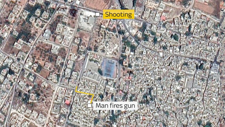 The location where the man fires a gun in the video is shown here in comparison to where Ms Abu Akleh was shot. The yellow line shows the path the researcher walks in order to face the direction of the shooting. Pic: Google Maps