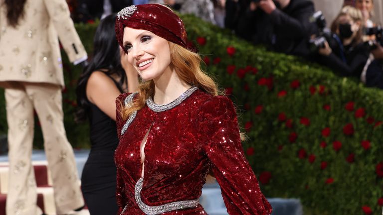 Jessica Chastain arrives at the In America: An Anthology of Fashion themed Met Gala at the Metropolitan Museum of Art in New York City, New York, U.S., May 2, 2022. REUTERS/Andrew Kelly