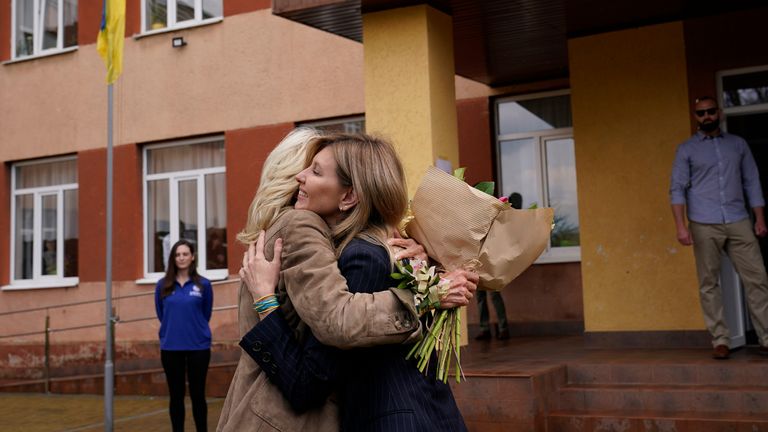 US first lady Jill Biden hugs Olena Zelenska. Pic: AP 
