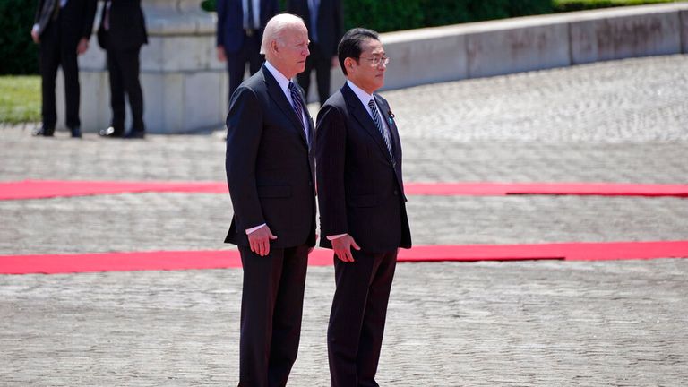 Joe Biden and Japan PM Fumio Kishida attend a welcome ceremony for the US leader in Tokyo