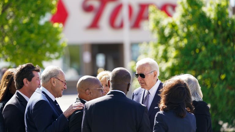 Joe Biden visits the scene of the Buffalo shooting. Pic: AP