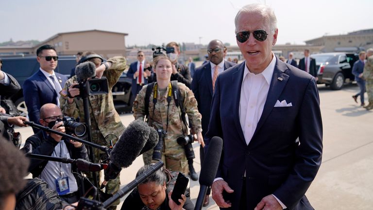 U.S. President Joe Biden speaks before boarding Air Force One. Pic: AP                                                                                                                                                                                                                                       